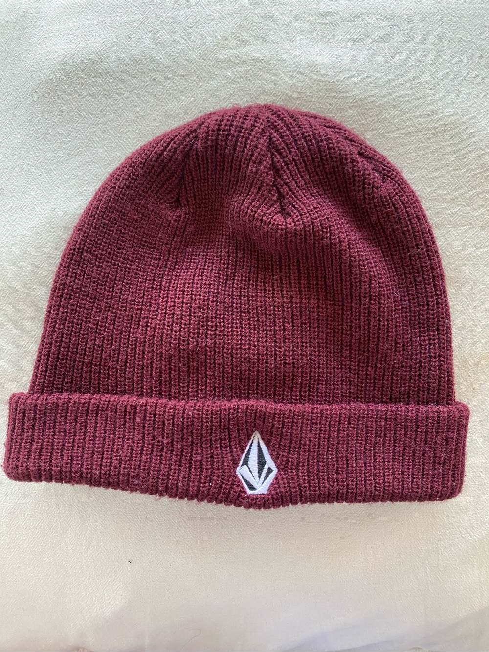Volcom Wine Red Knit Cuffed Beanie with embroidered Logo Patch